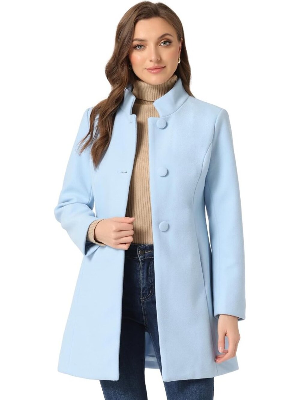 Women's Light Blue Winter Overcoat Mid Long Stand Single Breasted Soft Pea Coat